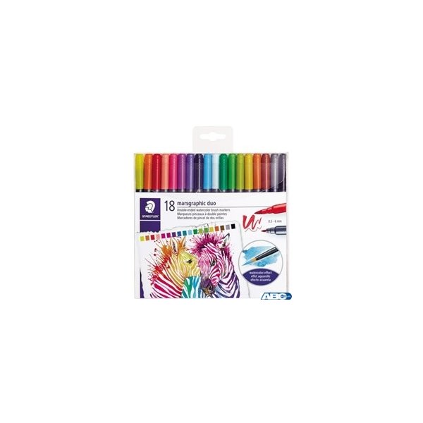 Pisak dwustronny brush pen do akwareli, Design Journey, 1-6 i 0.5-0.6mm, 18 kol., Staedtler S 3001 TB18