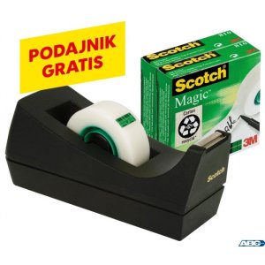 Taśma biurowa SCOTCH_ Magic_ (SM3-12), matowa, z dyspenserem, 19mm, 33m, 3szt., podajnik C-38 czarny GRATIS