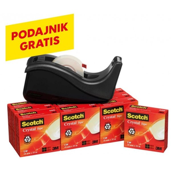 Taśma biurowa SCOTCH® Crystal (6-1933R10TPC), 19mm, 33m, 10szt., podajnik C-60 GRATIS