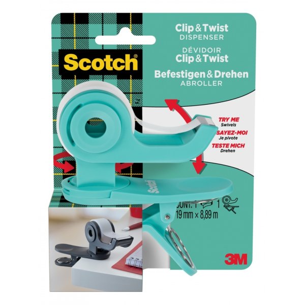 Podajnik do taśmy Scotch® C19 Clip&Twist + taśma SCOTCH® MAGIC 19mm, 8,89m, zielony