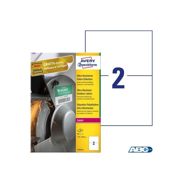 Etykiety polietylenowe ultra resistant, A4, 40 ark./op., 210x148mm, AVERY ZWECKFORM, L7916-40