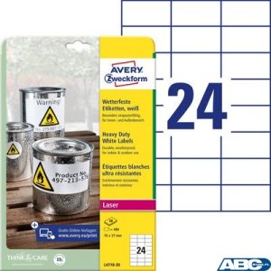 Etykiety Heavy Duty, A4, 20 ark. / op.70 x 37 mm, białe, poliestrowe, AVERY ZWECKFORM, L4718-20