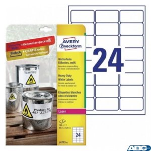 Etykiety Heavy Duty, A4, 8 ark. / op., 63,5 x 33,9 mm, białe, poliestrowe, AVERY ZWECKFORM, L4773-8