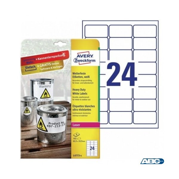 Etykiety Heavy Duty, A4, 8 ark./op., 63,5 x 33,9 mm, białe, poliestrowe, AVERY ZWECKFORM, L4773-8