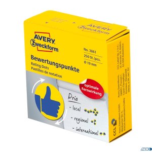 Kółka z symbolami Kciuk 3861 Q19 mm w rolce do zaznaczania, trwałe, 250 szt. / rolka, żółto-niebiskie, Avery Zweckform (X)