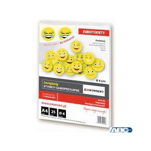Etykiety A4 25 ark. , kółka 40mm żółte Buźka mix  EMOTYKIETY
