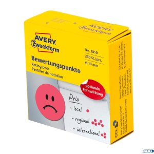 Kółka z symbolem Smutna buźka 3859 Q19 w rolce do zaznaczania, trwałe, 250 szt. / rolka,czerwone, Avery Zweckform