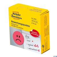 Kółka z symbolem Smutna buźka 3859 Q19 w rolce do zaznaczania, trwałe, 250 szt./rolka,czerwone, Avery Zweckform