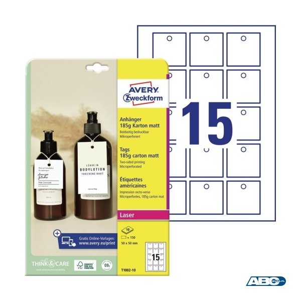 Zawieszki kartonowe Avery Zweckform, 185g, mikroperforowane, 50 x 50 mm, 10 ark. T1002-10