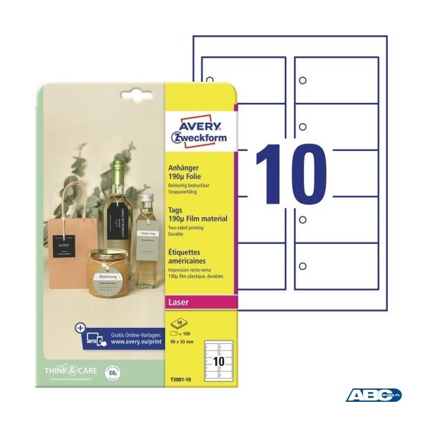 Zawieszki foliowe Avery Zweckform, 190_, 90 x 50 mm, 10 ark. T3001-10