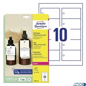 Zawieszki kartonowe Avery Zweckform, 185g, mikroperforowane, 90 x 50 mm, 10 ark. T1001-10