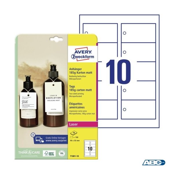 Zawieszki kartonowe Avery Zweckform, 185g, mikroperforowane, 90 x 50 mm, 10 ark. T1001-10