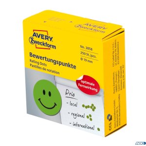 Kółka Uśmiechnięta buźka 3858 Q19 w rolce Kółka z symbolami do zaznaczania, trwałe, 250 szt.  /  rolka, zielone, Avery Z