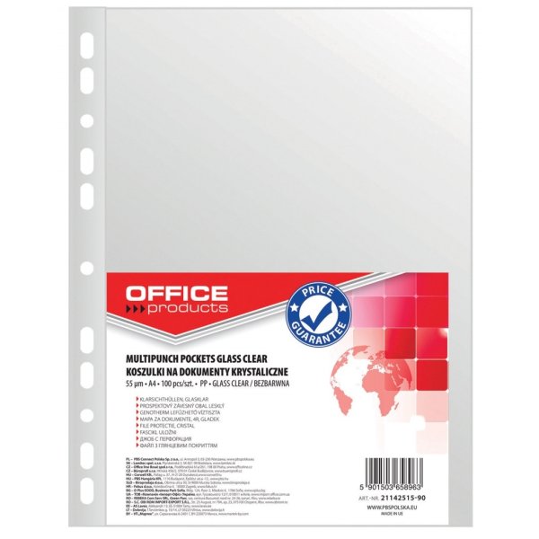 Koszulki na dokumenty OFFICE PRODUCTS, PP, A4, krystal, 55mikr., 100szt.