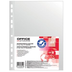 Koszulki na dokumenty OFFICE PRODUCTS, PP, A4, krystal, 30mikr., 100szt.