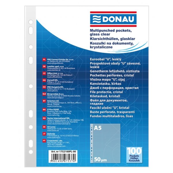 Koszulki na dokumenty DONAU, PP, A5, krystal, 50mikr., 100szt.