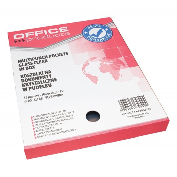 Koszulki na dokumenty OFFICE PRODUCTS, PP, A4, krystal, 55mikr., 100szt., w pudełku