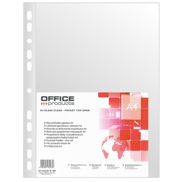 Koszulki na dokumenty OFFICE PRODUCTS, PP, A4, krystal, 40mikr., 100szt.