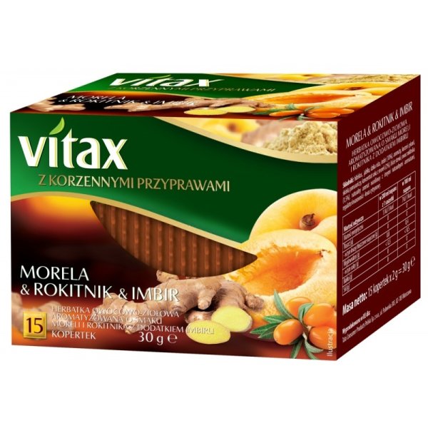 Herbata VITAX, owocowo-ziołowa, morela, rokitnik i imbir, 15 kopert