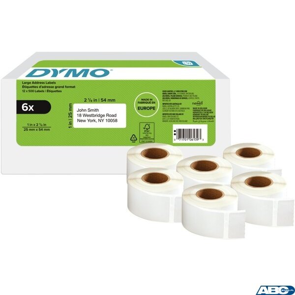 Etykieta na adres zwrotny - 25 x 54 mm, biała - VALUE PACK 6 szt 2177564 DYMO