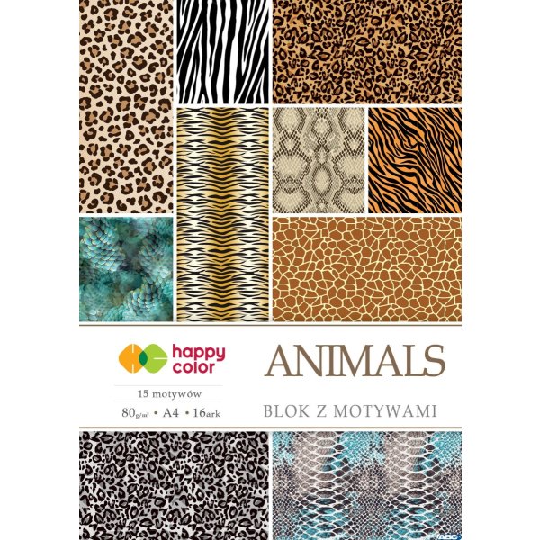 Blok z motywami ANIMALS, 80g/m2, A4, 15+1 ark, 15 motyw, Happy Color HA 3808 2030-M