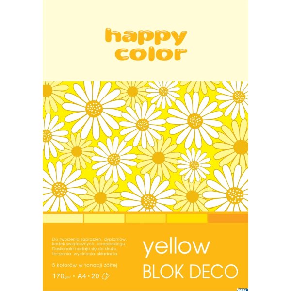 Blok Deco Yellow A4, 170g, 20 ark, 5 kol. tonacja żółta, Happy Color HA 3717 2030-012