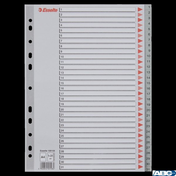 Przekładki plastikowe szare PP A4 1-31 100108 numeryczne ESSELTE