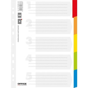 Przekładki OFFICE PRODUCTS, karton, A4, 227x297mm, 5 kart, lam. indeks, mix kolorów