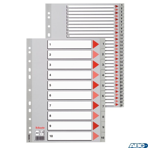 Przekładki plastikowe szare PP A4 1-6 100104 numeryczne ESSELTE