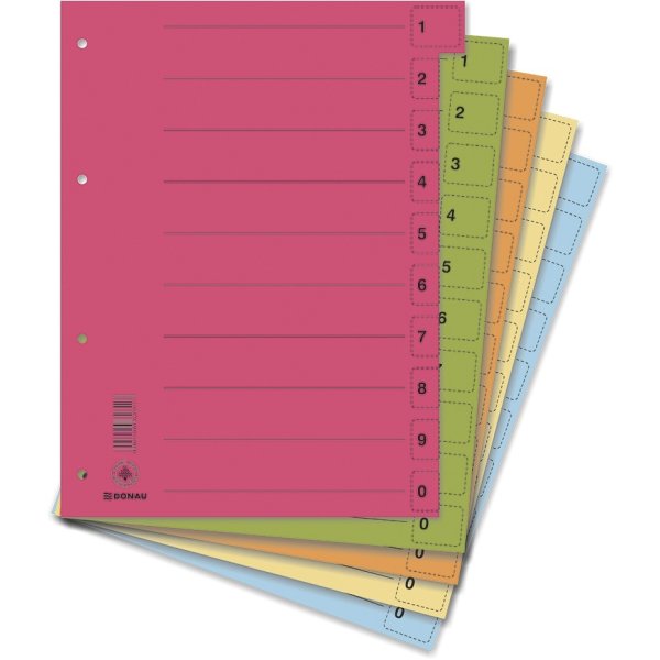 Przekładki DONAU, karton, A4, 235x300mm, 0-9, 50 kart z perforacją, mix kolorów