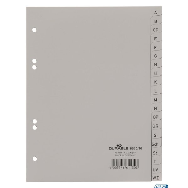 Przekładki A5 A-Z PP szare 6550 DURABLE
