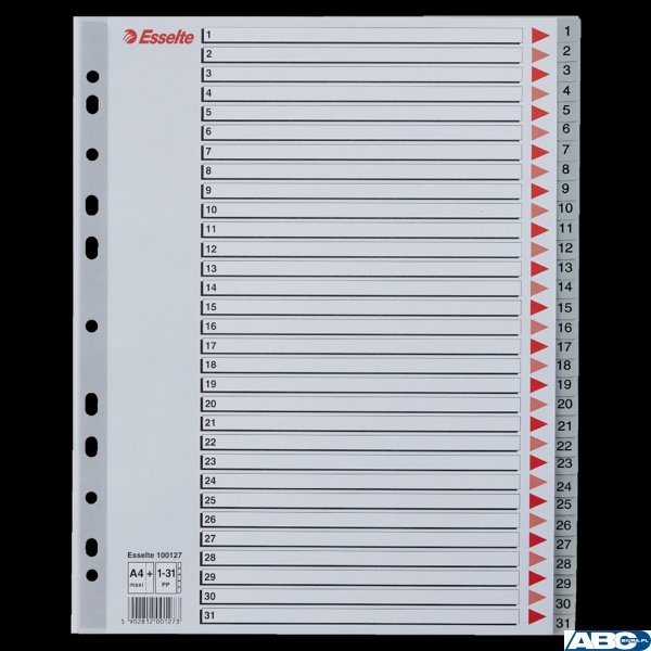Przekładki plastikowe szare PP alfabetyczne A4 Esselte, 1-31 maxi, , 100127