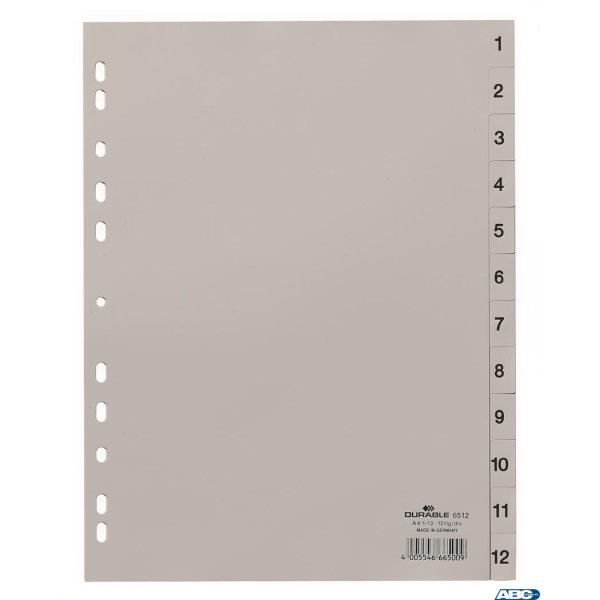 Przekładki PP A4 szare, nadr. indeks, 1-12, 1 0 części Szary 651210 DURABLE