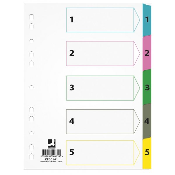 Przekładki Q-CONNECT Mylar, karton, A4, 225x297mm, 1-5, 5 kart, lam. indeks, mix kolorów