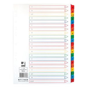 Przekładki Q-CONNECT Mylar, karton, A4, 225x297mm, A-Z, 21 kart, lam. indeks, mix kolorów