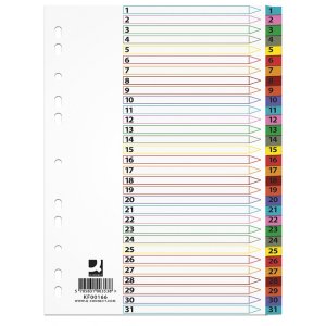 Przekładki Q-CONNECT Mylar, karton, A4, 225x297mm, 1-31, 31 kart, lam. indeks, mix kolorów