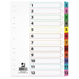 Przekładki Q-CONNECT Mylar, karton, A4, 225x297mm, 1-12, 12 kart, lam. indeks, mix kolorów