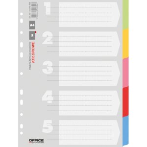 Przekładki OFFICE PRODUCTS, karton, A4, 223x297mm, 5 kart, mix kolorów