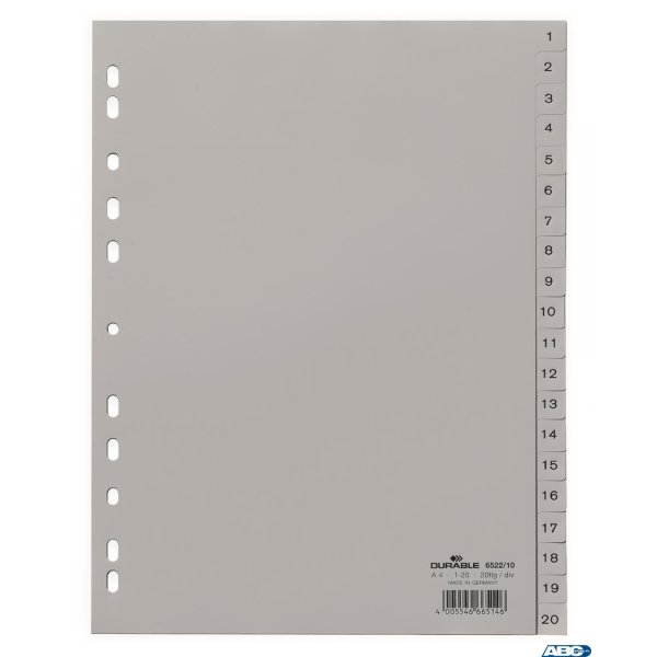 Przekładki PP A4 szare, nadr. indeks, 1-20, 2 0 części Szary 652210 DURABLE