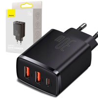 Ładowarka sieciowa/ścienna BASEUS Compact Quick Charger, 2xUSB, USB-C, PD, 3A, 30W (CCXJ-E01) czarna BASADA47332