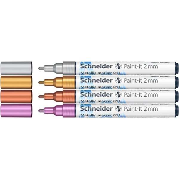 Marker akrylowy SCHNEIDER Paint-It Metallic, 2 mm, etui 4 szt., srebrny, złoty, miedziany, fioletowy