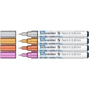 Marker akrylowy SCHNEIDER Paint-It Metallic, 0,8 mm, etui 4 szt., srebrny, złoty, miedziany, fioletowy