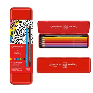 Kredki akwarelowe CARAN D'ACHE, Keith Haring, 10 szt.  +  1 czarny flamaster Fibralo Brush