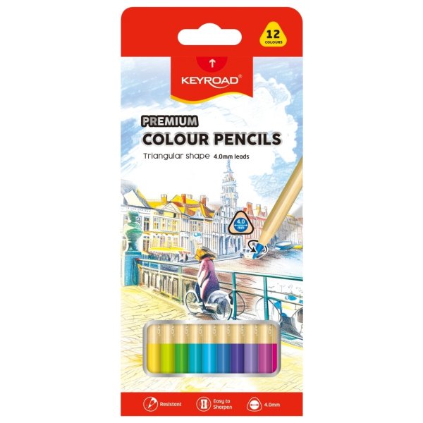 Kredki ołówkowe KEYROAD, trójkątne, 4mm, 12 szt., mix kolorów