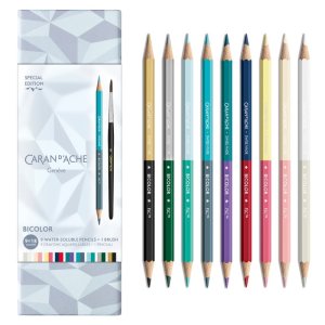 Kredki CARAN D'ACHE XMAS25 Alpine Frost Bicolor, 9 szt., pędzelek, w pudełku, mix kolorów