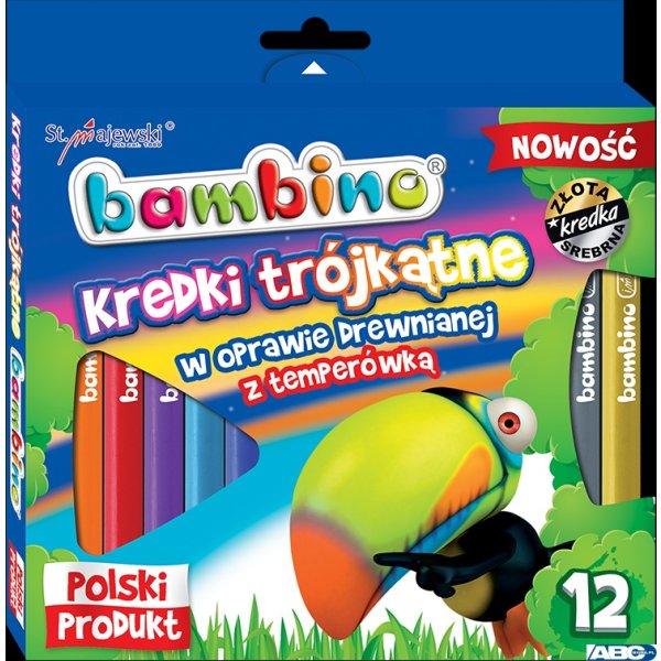 Kredki trójkątne BAMBINO 12 kolorów temperówka w oprawie drewnianej