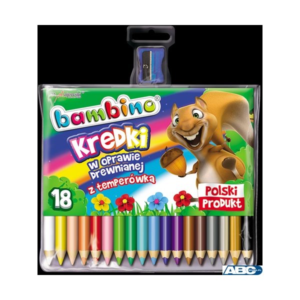 Kredki trójkątne BAMBINO 18 kolorów+temperówka w oprawie drewnianej