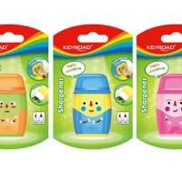 Temperówka plastikowa KEYROAD Hello, z gumką, podwójna, z pojemnikiem, blister, mix kolorów