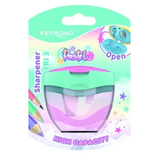Temperówka plastikowa KEYROAD, pastel, potrójna, z pojemnikiem, blister, mix kolorów