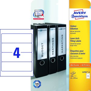 Recyklingowane etykiety na segregatory, A4, 10 ark. / op.,61 x 192 mm, białe, AVERY ZWECKFORM, LR4761-10